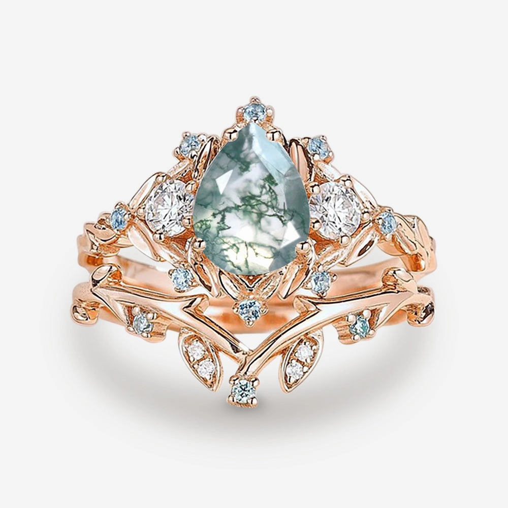 Quiet Shine Distinctive Touch Pear Shaped Moss Agate & Blue Topaz Leafy Ring Set 2pcs