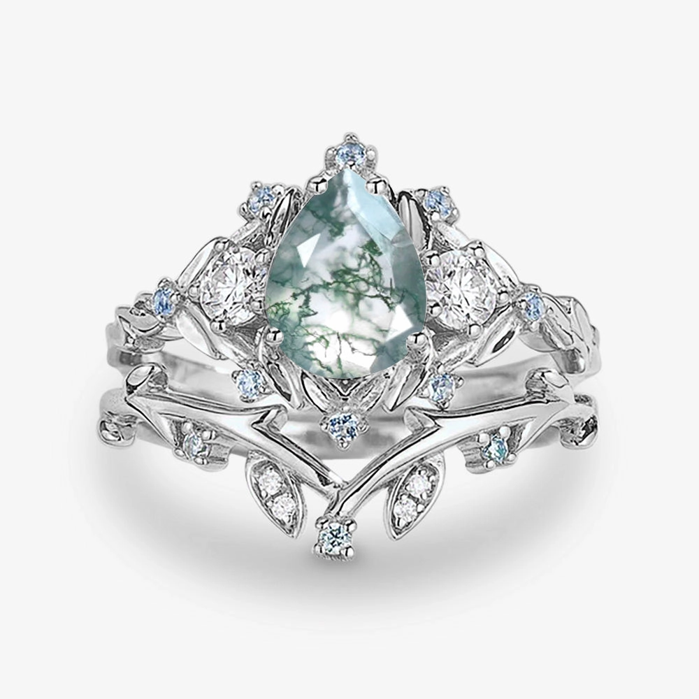 Glossy Detail Cozy Mood Pear Shaped Moss Agate & Blue Topaz Leafy Ring Set 2pcs