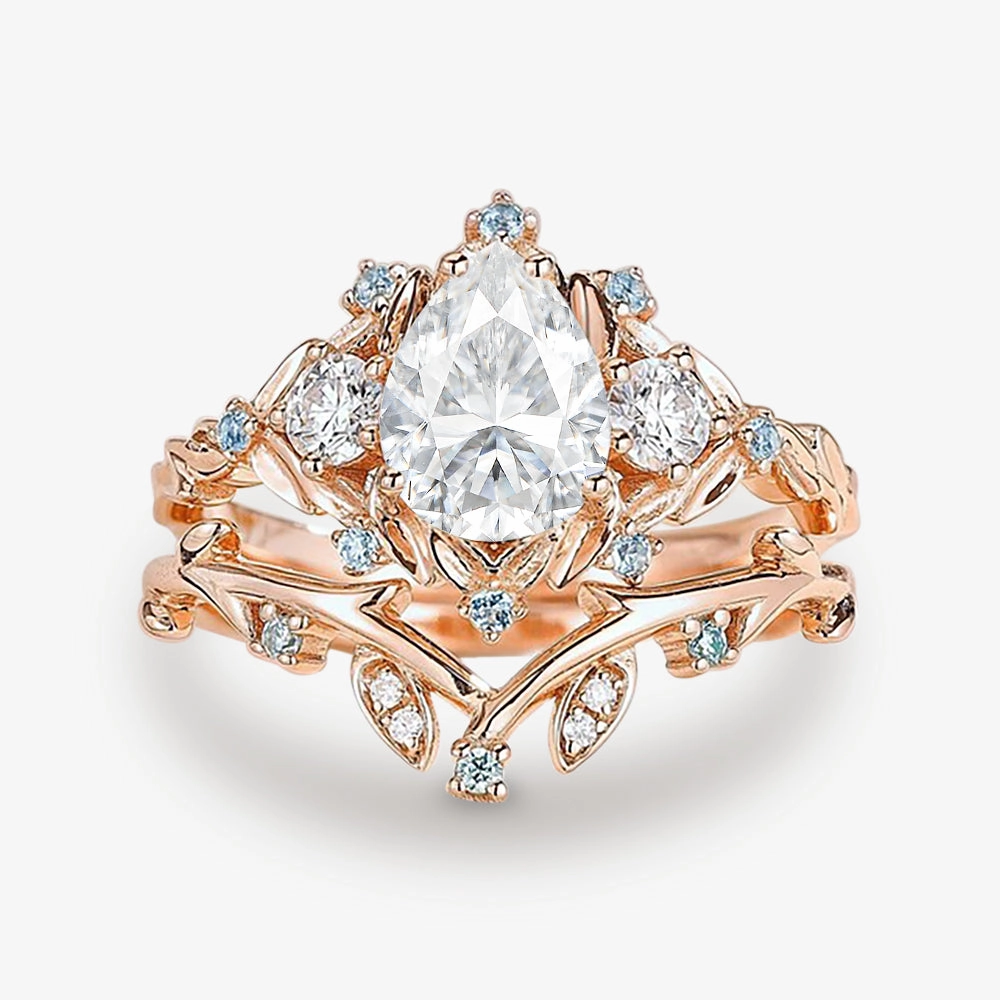 Pear Shaped Moss Agate & Blue Topaz Leafy Ring Set 2pcs Sparkle Focus Stylish Spark