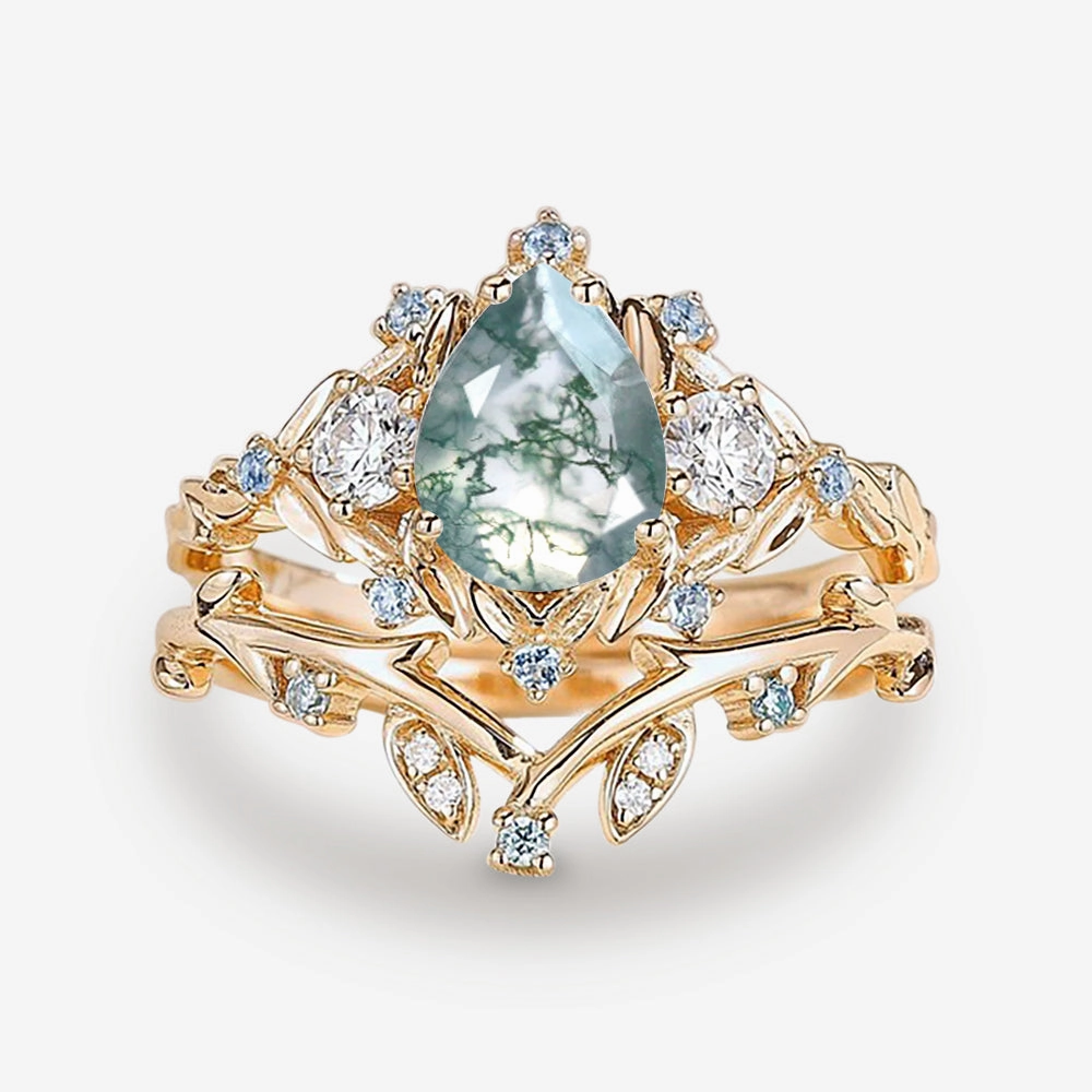 Radiant Shine Look Pear Shaped Moss Agate & Blue Topaz Leafy Ring Set 2pcs