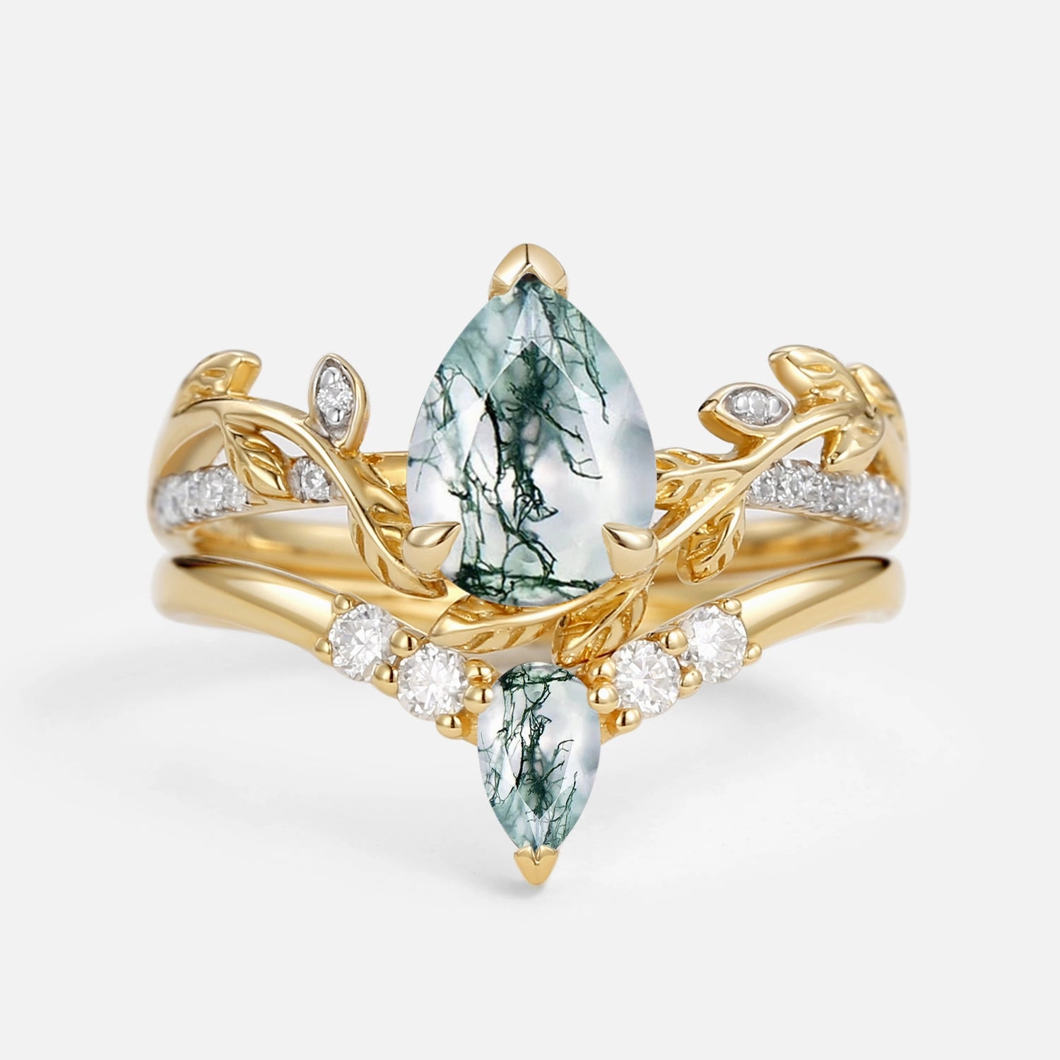 Vintage Accent Pear Shaped Moss Agate & Moissanite Leafy Bridal Ring Set 2pcs