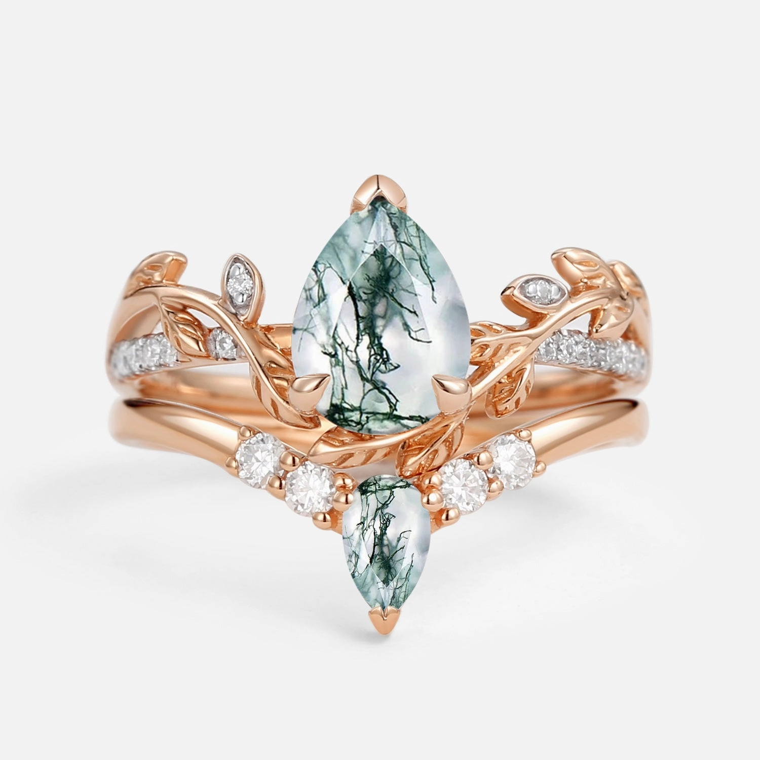 Sparkling Edge Elegant Shape Pear Shaped Moss Agate & Moissanite Leafy Bridal Ring Set 2pcs