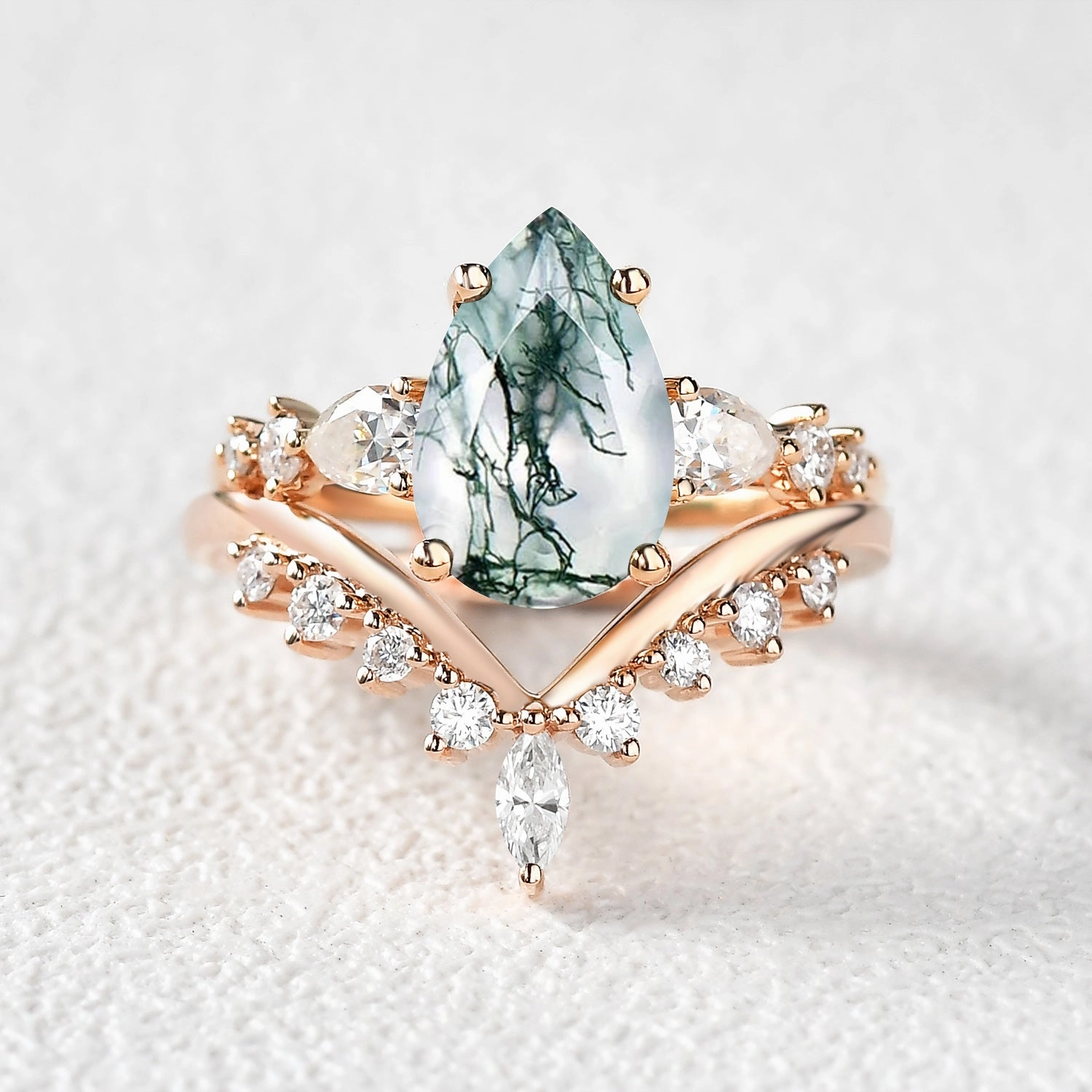 Classic Choice Formal Outfit Pear Shaped Moss Agate & Pearl Chevron Bridal Ring Set 2pcs
