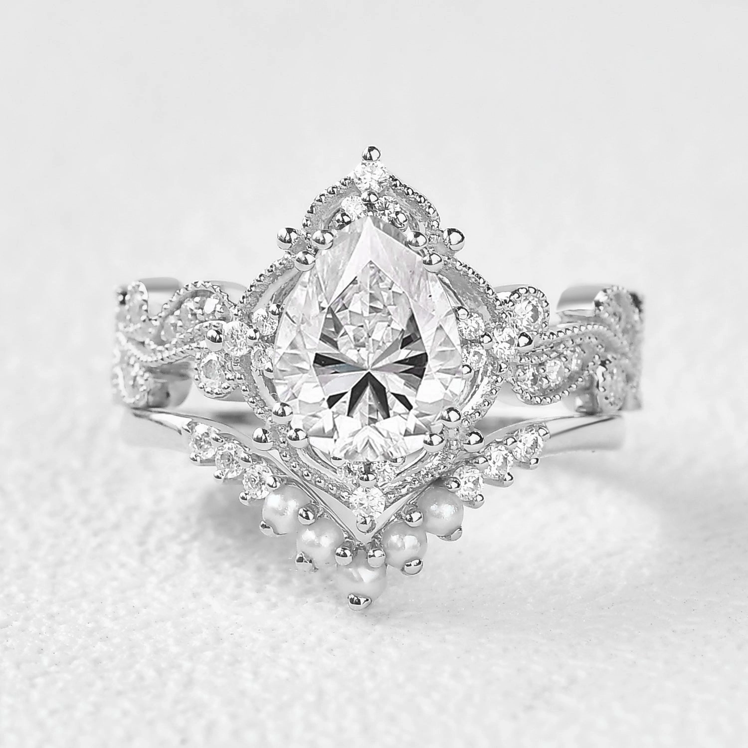 Pear Shaped Moss Agate & Pearl Engagement Ring Set 2pcs - Harper Expressive Style Effortless Design