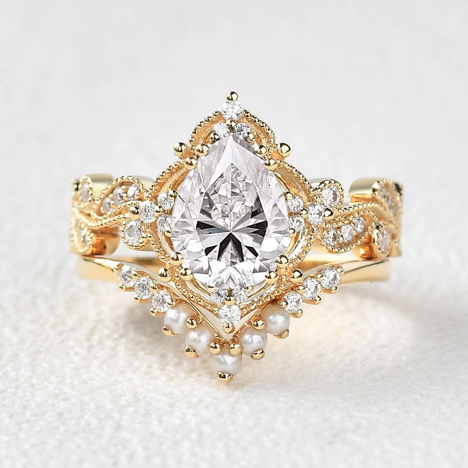 Pear Shaped Moss Agate & Pearl Engagement Ring Set 2pcs - Harper Fresh Detail