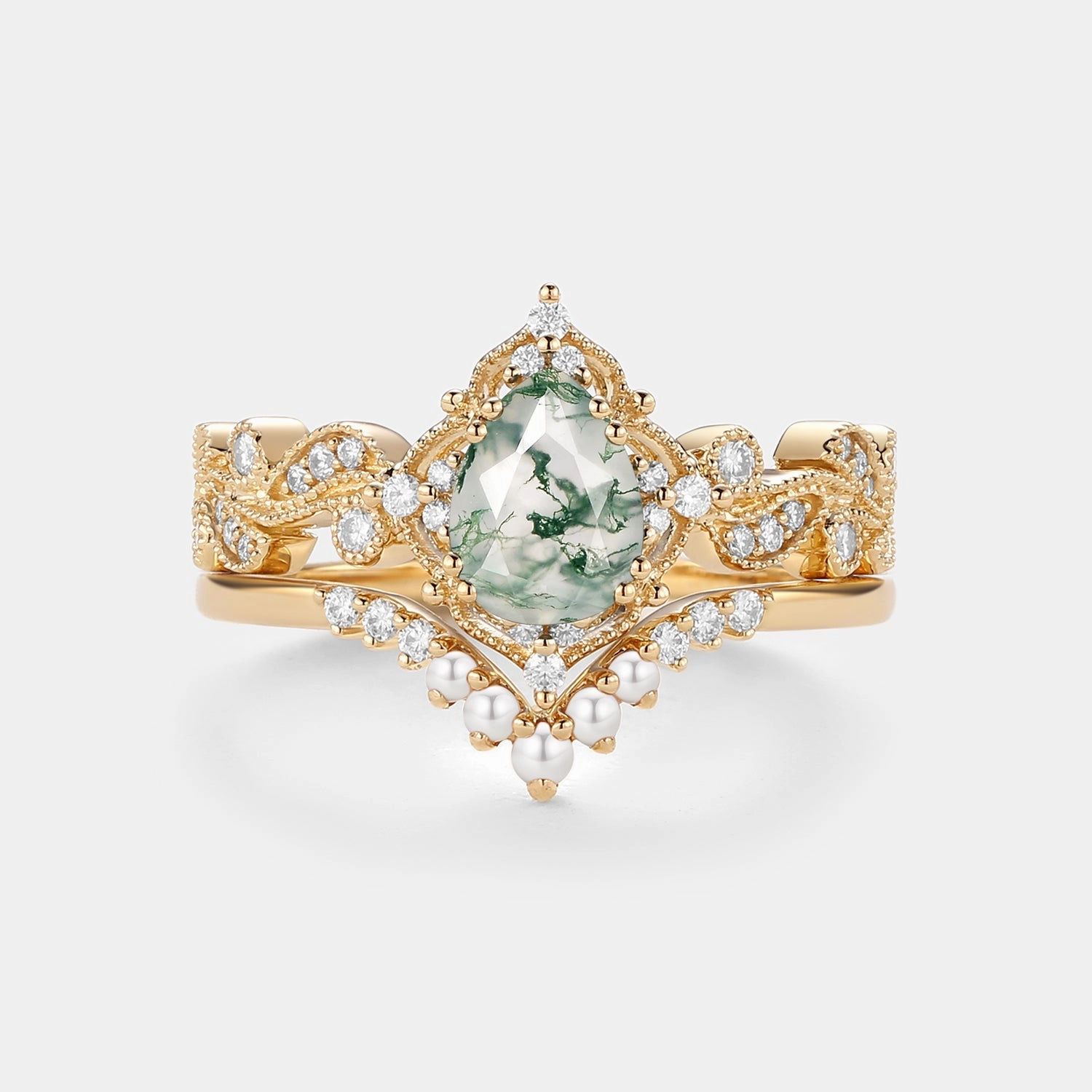 Minimal Feature Radiant Accent Pear Shaped Moss Agate & Pearl Engagement Ring Set 2pcs - Harper