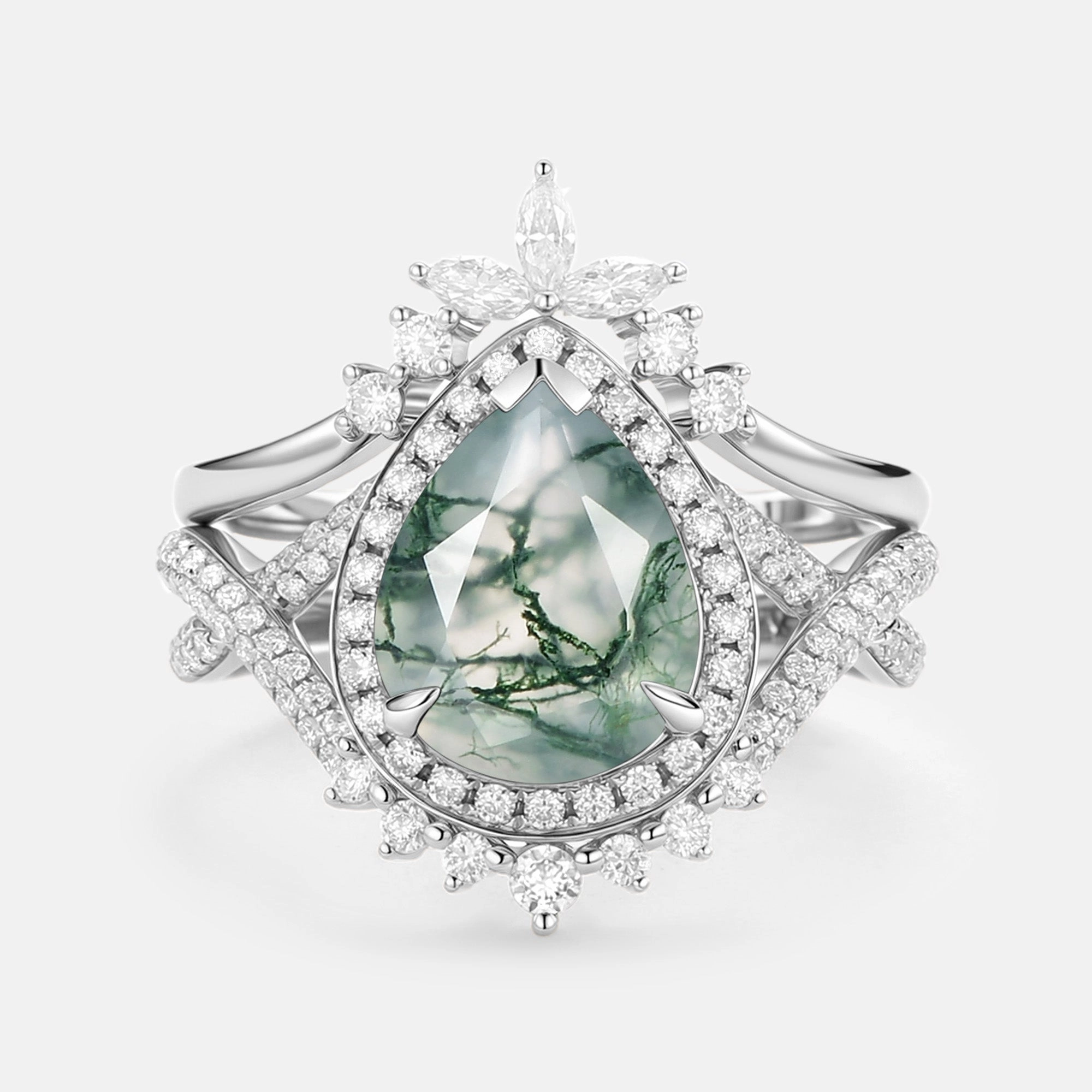 Pear Shaped Moss Agate Antique Halo Infinity Ring Sets 2pcs - Everlyn Exclusive Craft