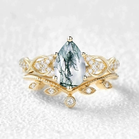 Subtle Fit Classic Shape Pear Shaped Moss Agate Infinity Leafy Bridal Ring Set 2pcs