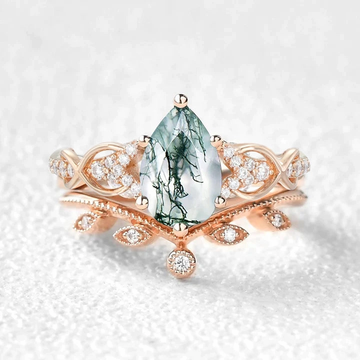 Pear Shaped Moss Agate Infinity Leafy Bridal Ring Set 2pcs Iconic look High Class
