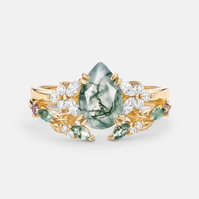 Timeless Appeal Elegant Gift Pear Shaped Moss Agate Leafy Chevron Gold Ring Set 2pcs - Chloris