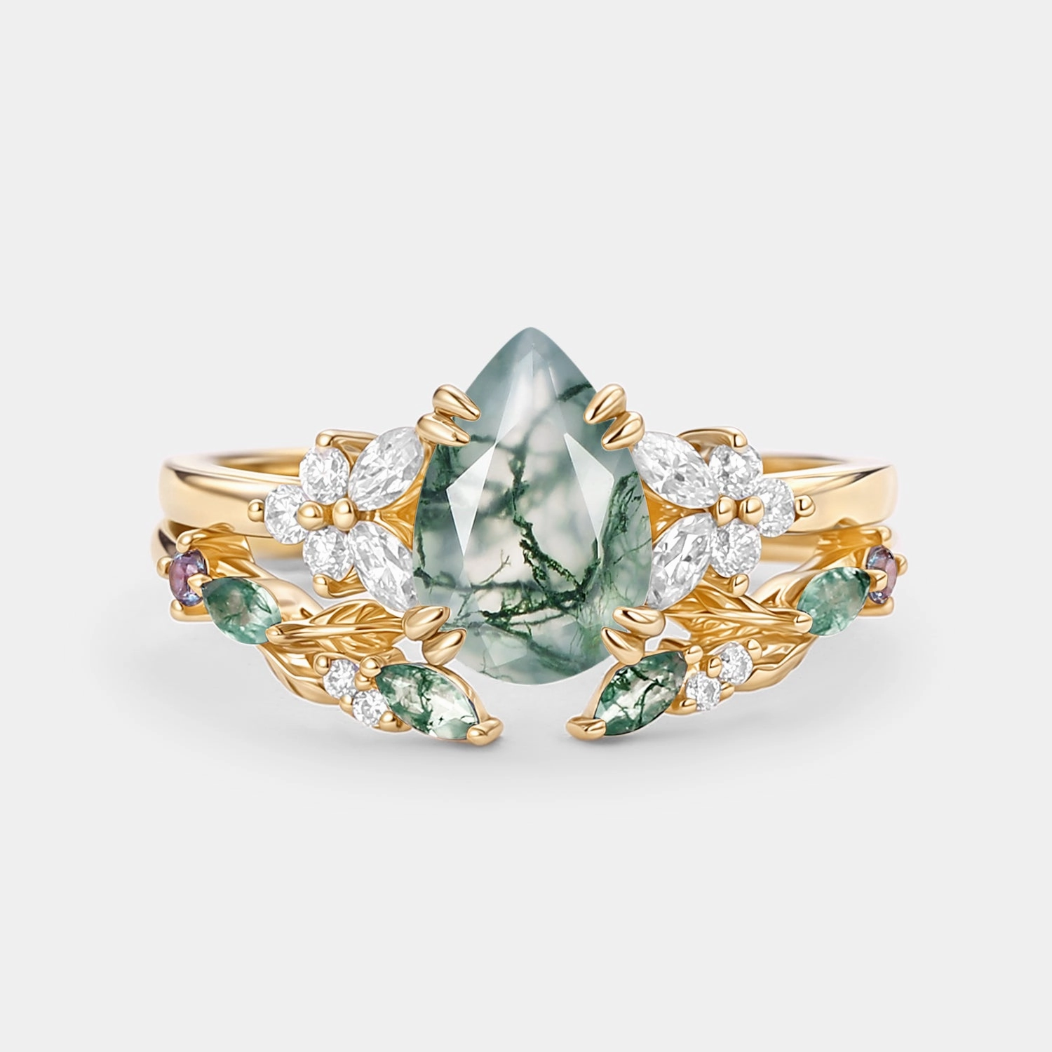 Pear Shaped Moss Agate Leafy Chevron Gold Ring Set 2pcs - Chloris Charming Radiance Flat Detail