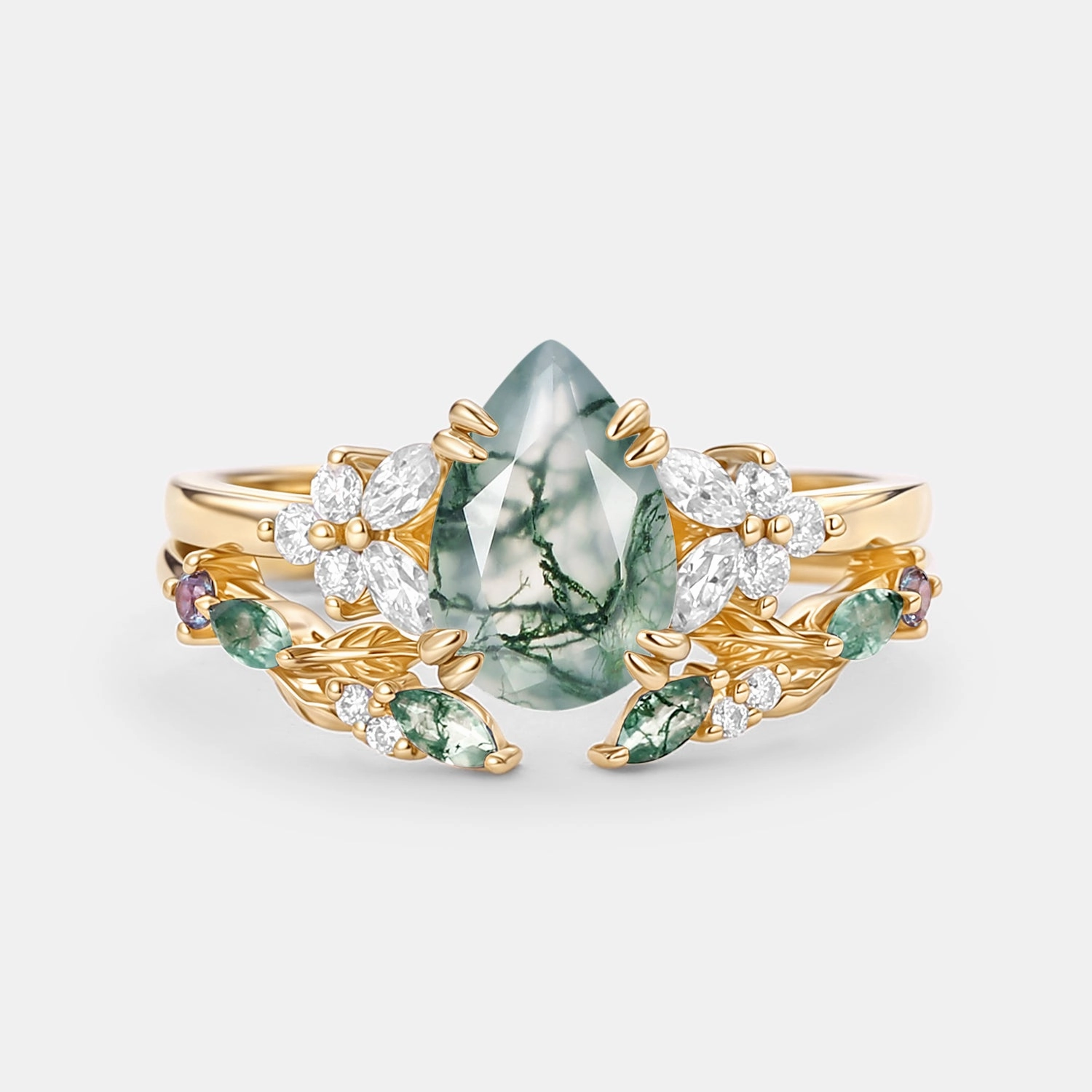 Timeless Appeal Elegant Gift Pear Shaped Moss Agate Leafy Chevron Gold Ring Set 2pcs - Chloris