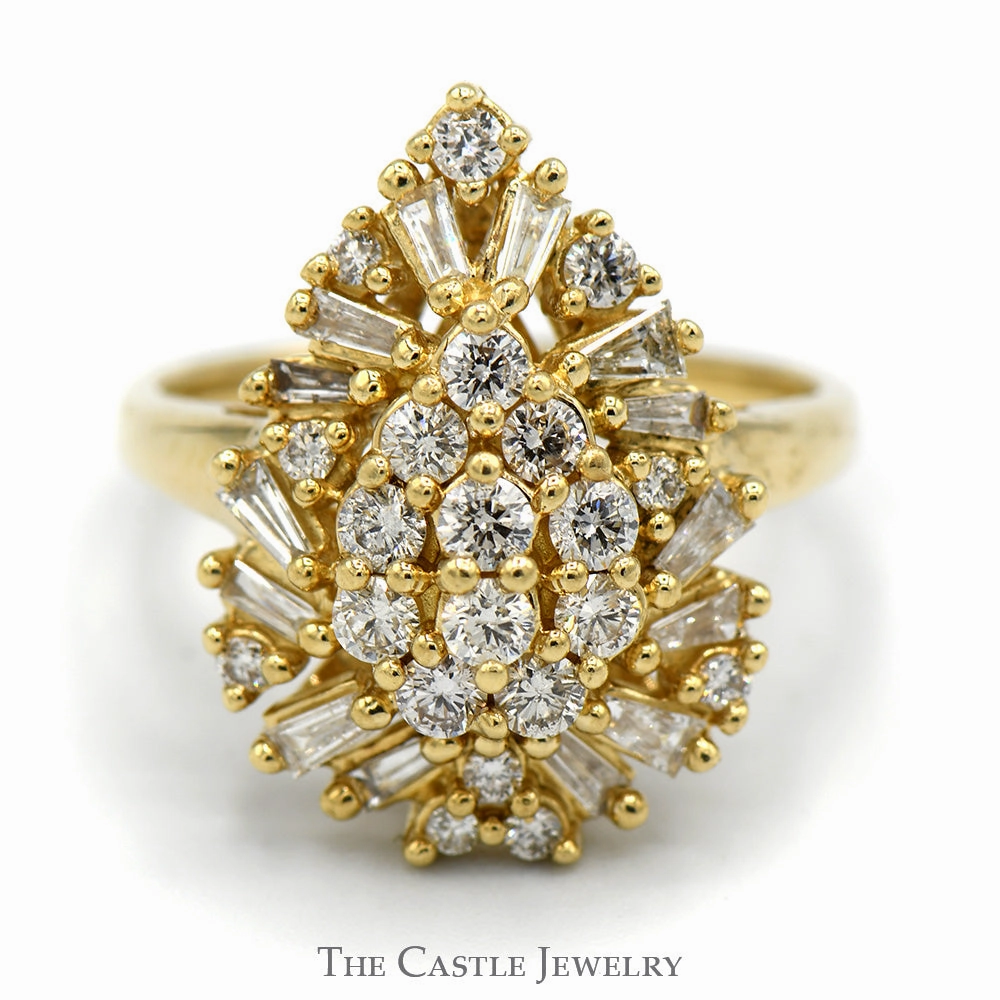 Comfortable Piece Pear Shaped Round and Baguette Cut Diamond Cluster Cocktail Ring in 10k Yellow Gold