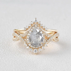 Elegant Appeal Fashion Design Pear Shaped Salt and Pepper Diamonds Vintage Halo Infinity Ring Set 2pcs - Valentina