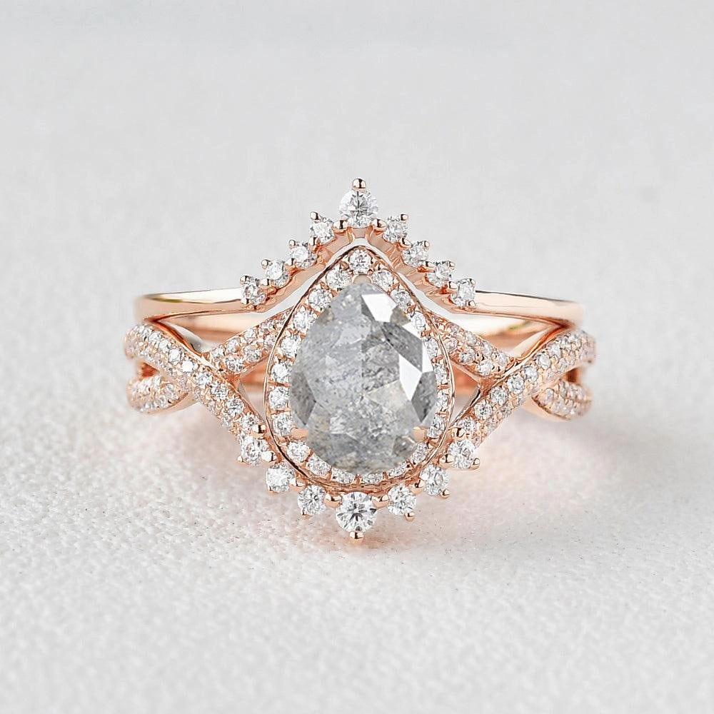 Pear Shaped Salt and Pepper Diamonds Vintage Halo Infinity Ring Set 2pcs - Valentina Stylish Touch Exquisite Shine Finish