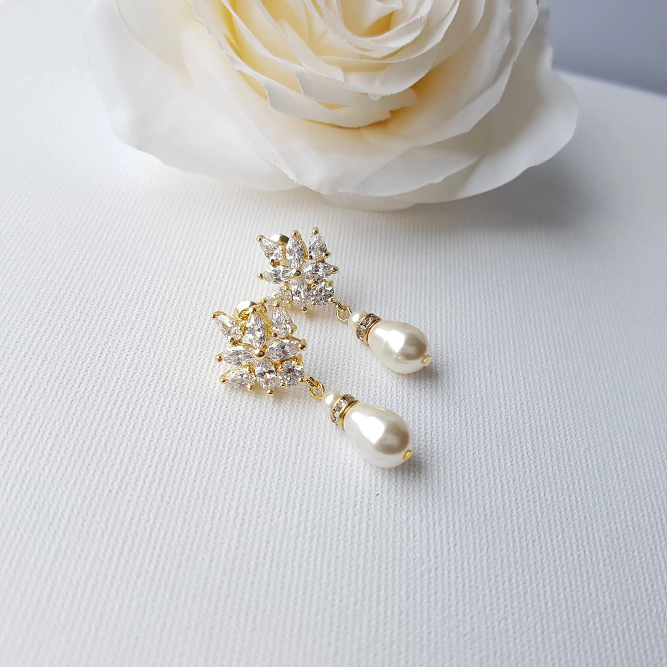 Pearl and Gold Drop Earrings for Weddings-Rosa