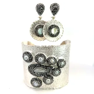 Pearl Cluster Silver Adjustable Statement Cuff Bracelet Set