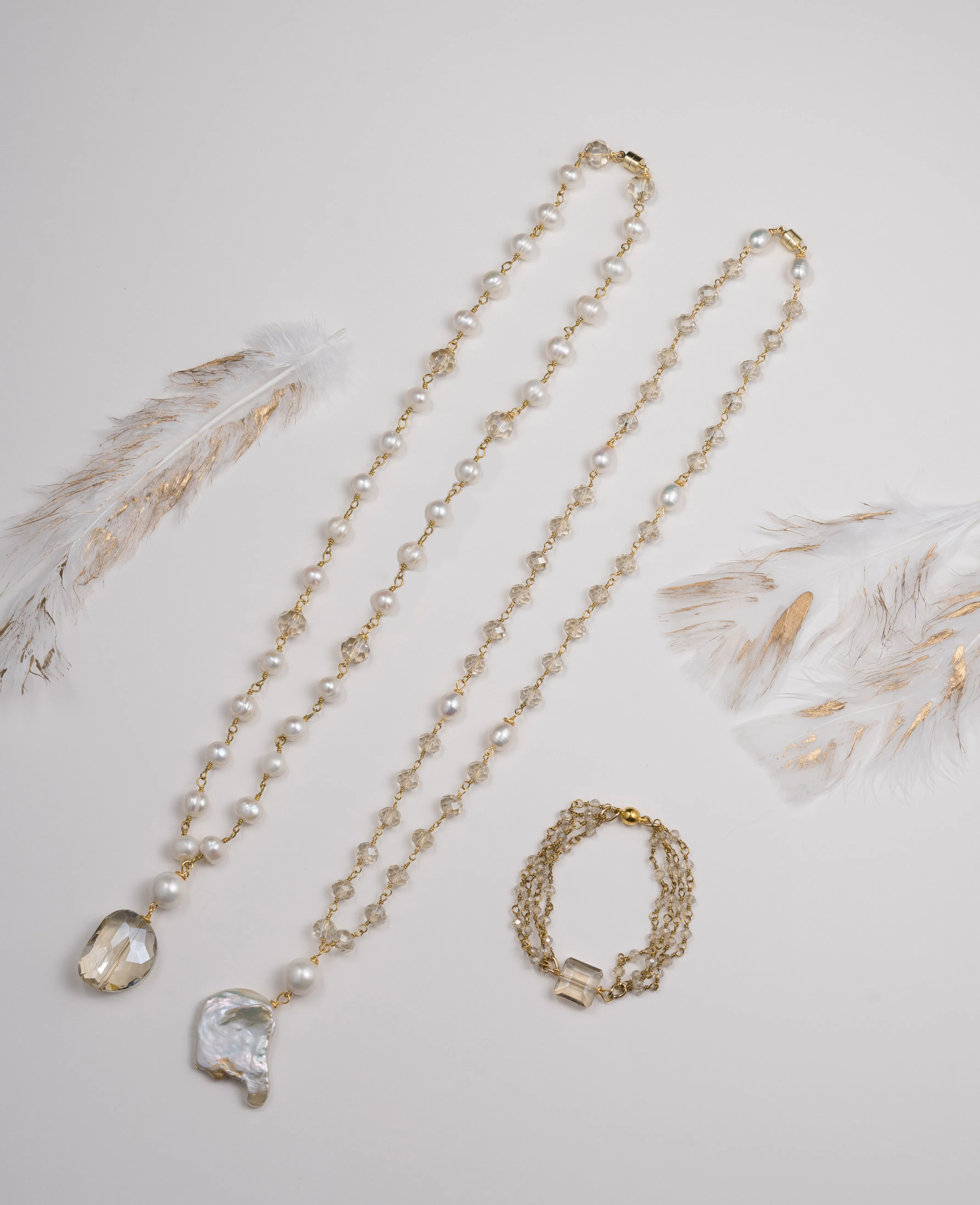 Pearl Gold Chain, Champagne Crystal Necklace
