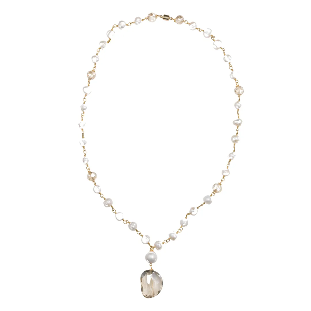 Pearl Gold Chain, Champagne Crystal Necklace