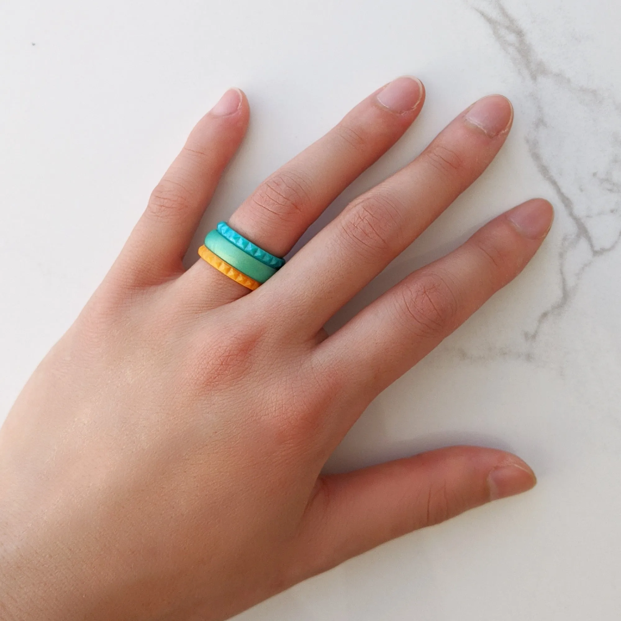 Pearl Orange Pyramid Stackable Slim Thin Silicone Ring for Women