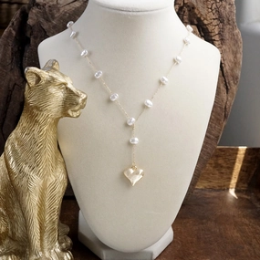 Pearl Lariat Necklace with Puffy Heart Pendant ?C Gold Tone Chic Highlight Fantastic Ornament