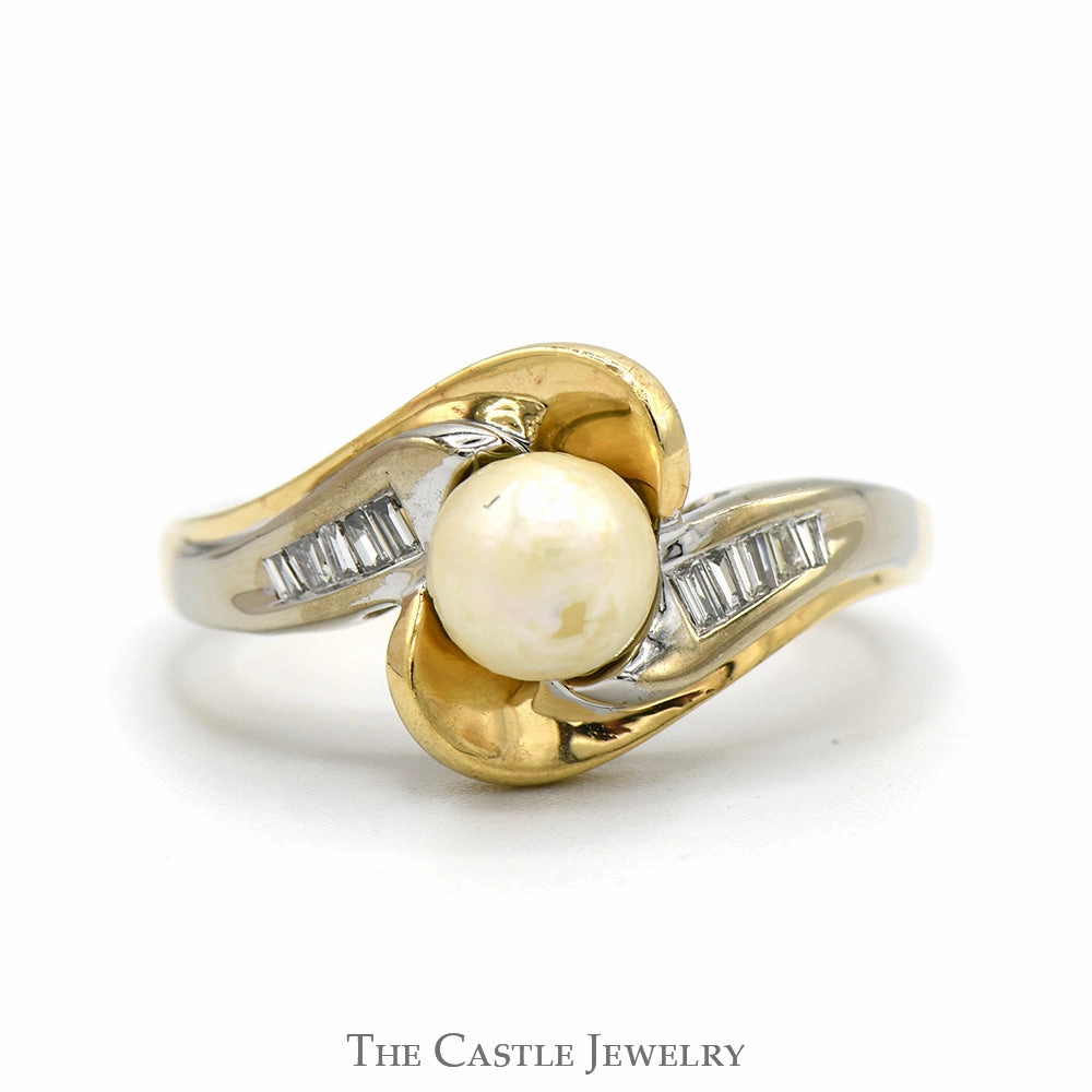 Pearl Ring with Baguette Cut Diamond Accents in 10k Yellow Gold Swirled Bypass Setting Glamorous look