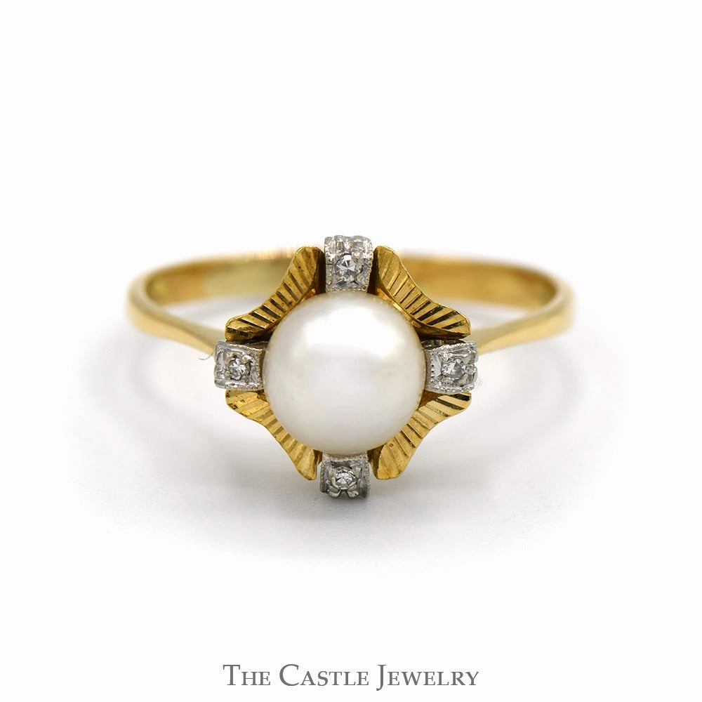 Pearl Ring with Diamond Accents and Textured Bezel in 18k Yellow Gold Minimal Detail Premium Care