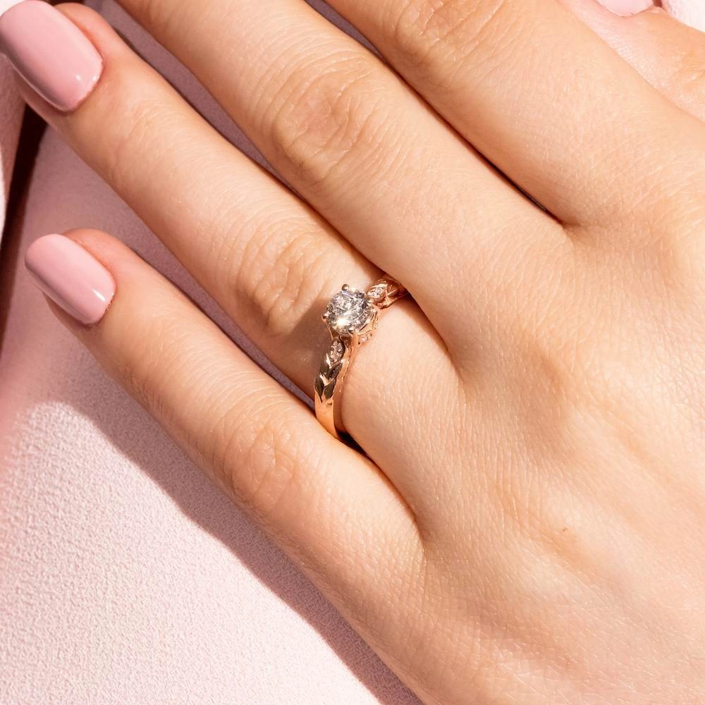 Modern Simplicity Emi Round Lab Grown Diamond Lotus Petal Side Stone Engagement Ring