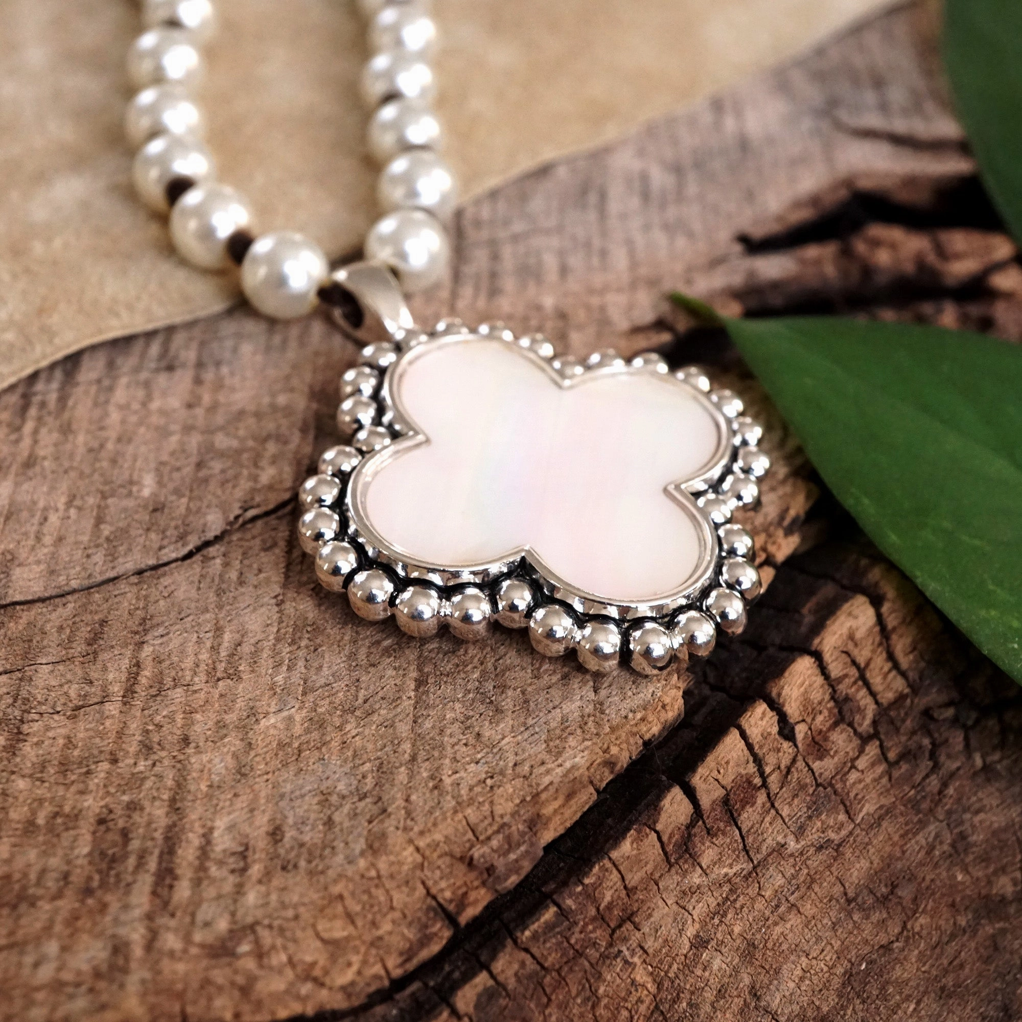 Event Accent Pearlized beads Necklace with Cross and Clover pendant Mother of Pearl Abalone