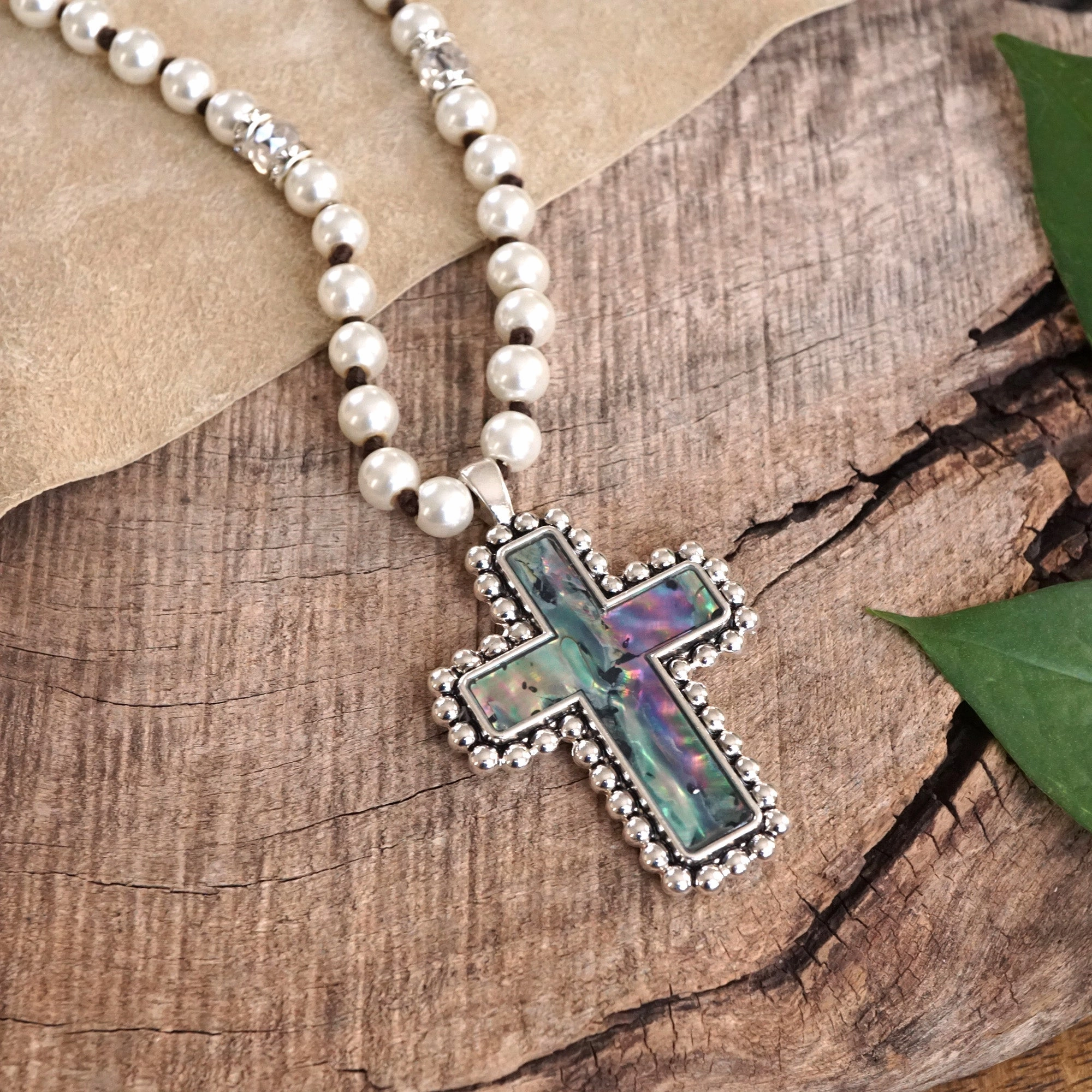 Pearlized beads Necklace with Cross and Clover pendant Mother of Pearl Abalone For Teacher Seasonal Look