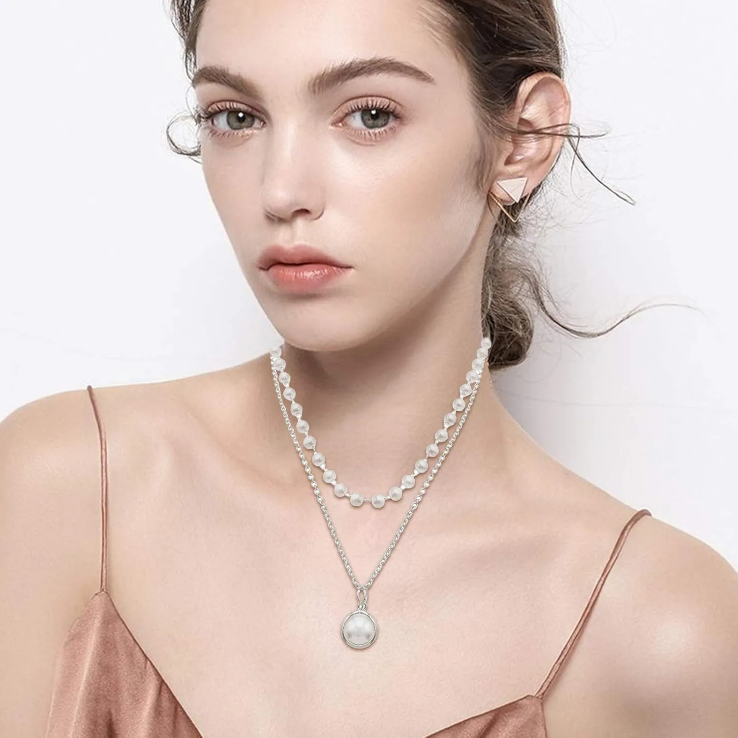 Pearls Layered Pendant Necklaces for Women Dainty Clavicle Chain Anniversary Birthday Jewelry Gift