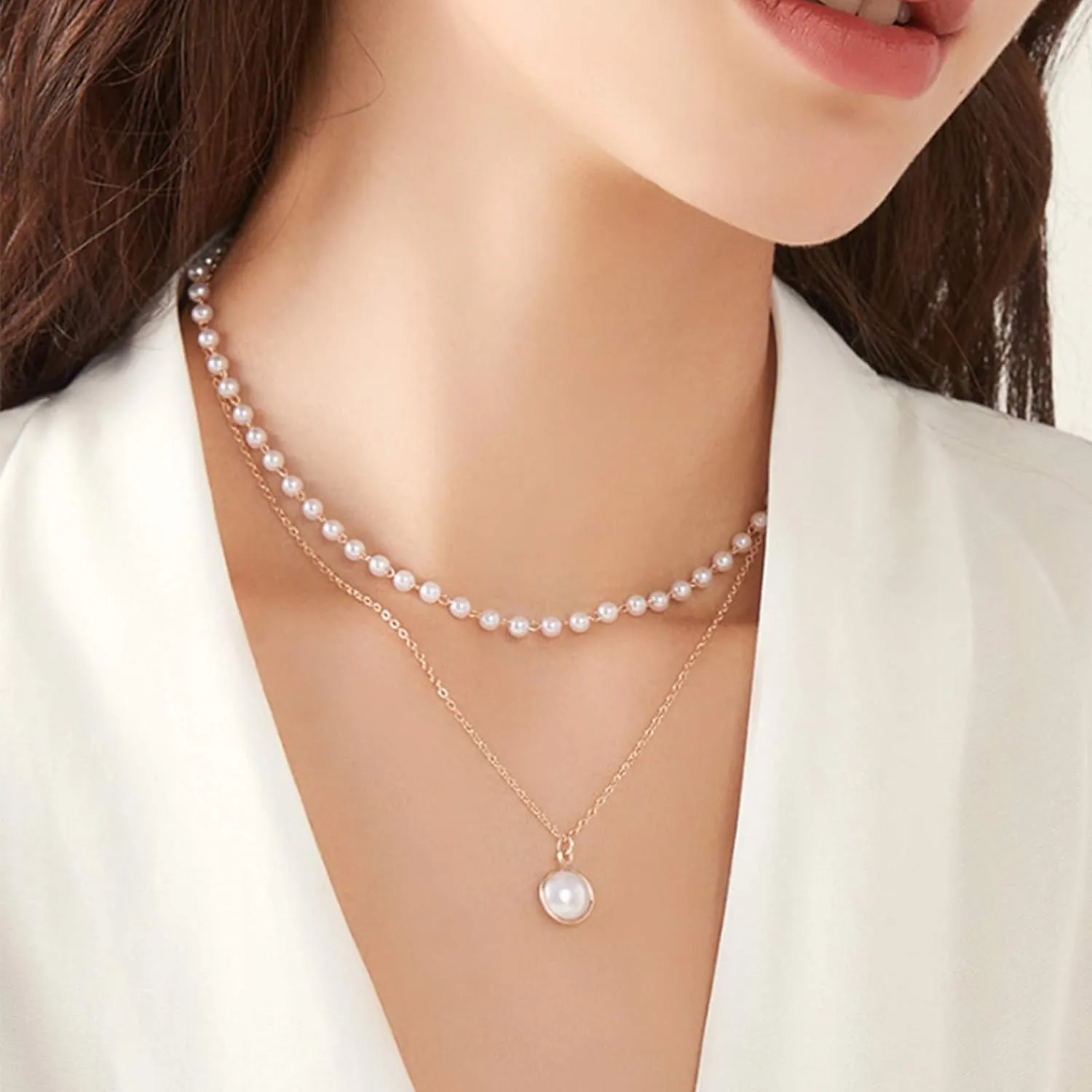 Pearls Layered Pendant Necklaces for Women Dainty Clavicle Chain Anniversary Birthday Jewelry Gift