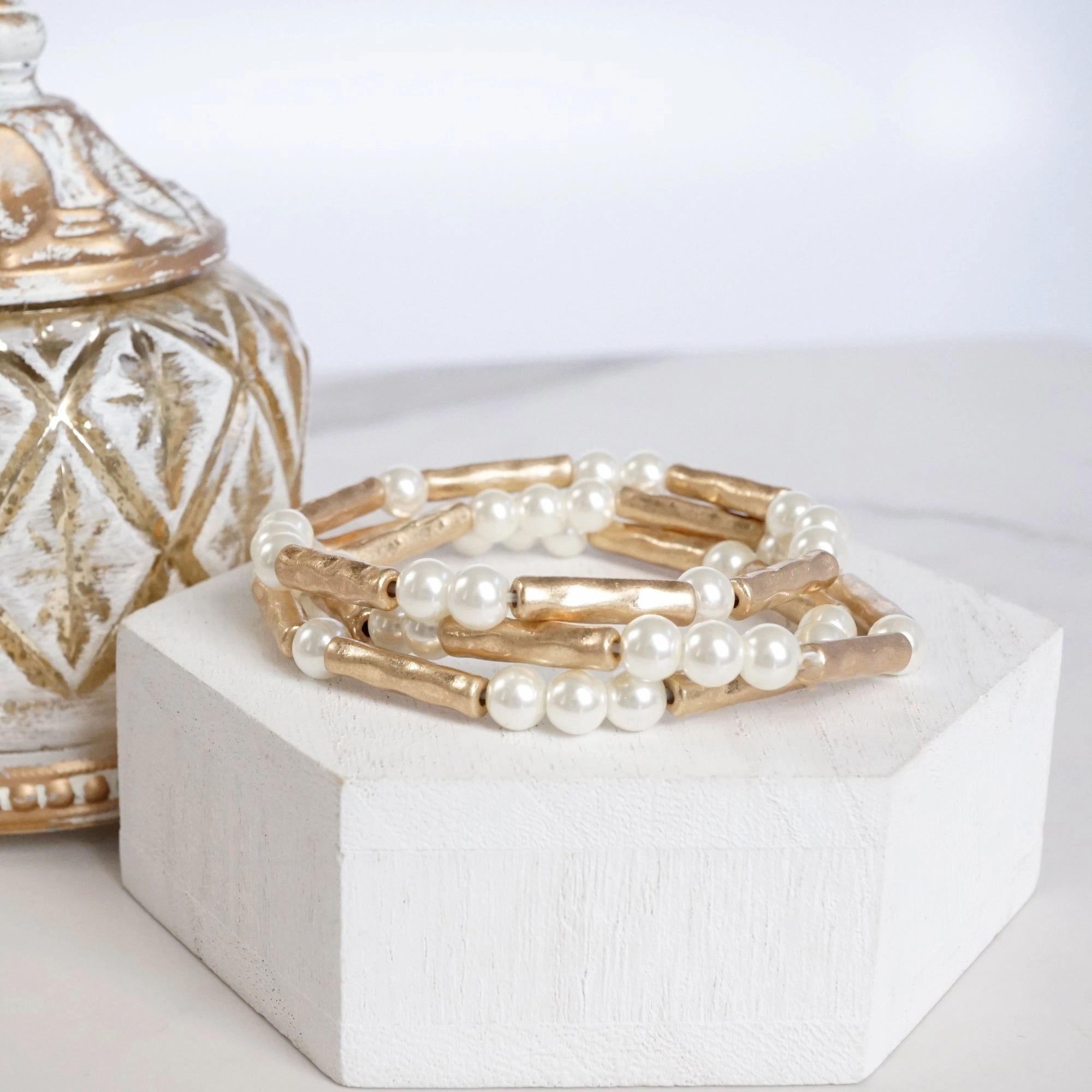 All-Seeing Pearls & Antique Gold Tube Beaded Bracelet Set ?C Effortless Elegance