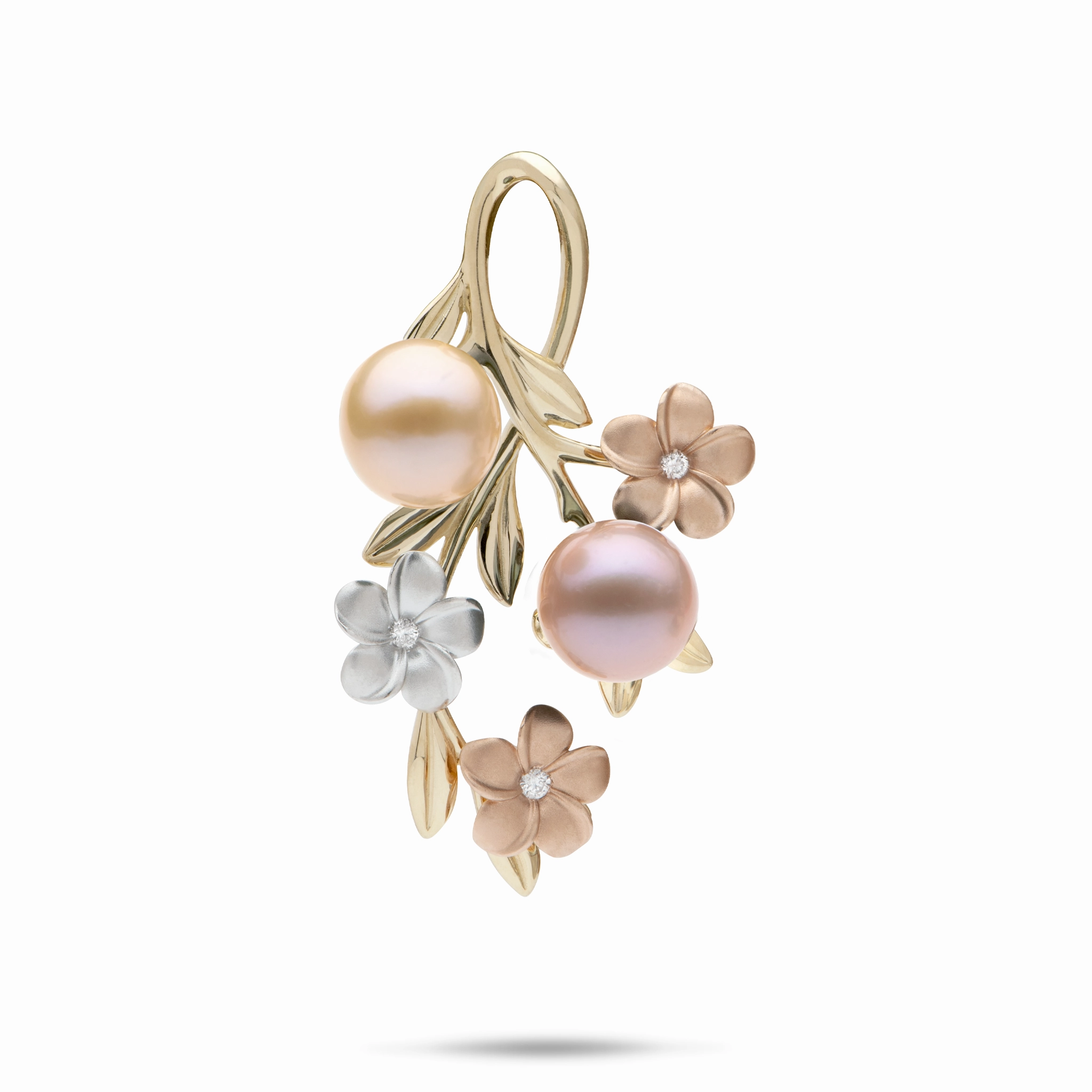 Exquisite Style Casual Elegance Pearls in Bloom Plumeria Freshwater Pearl Pendant in Tri Color Gold with Diamonds - 36mm