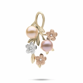 Exquisite Style Casual Elegance Pearls in Bloom Plumeria Freshwater Pearl Pendant in Tri Color Gold with Diamonds - 36mm