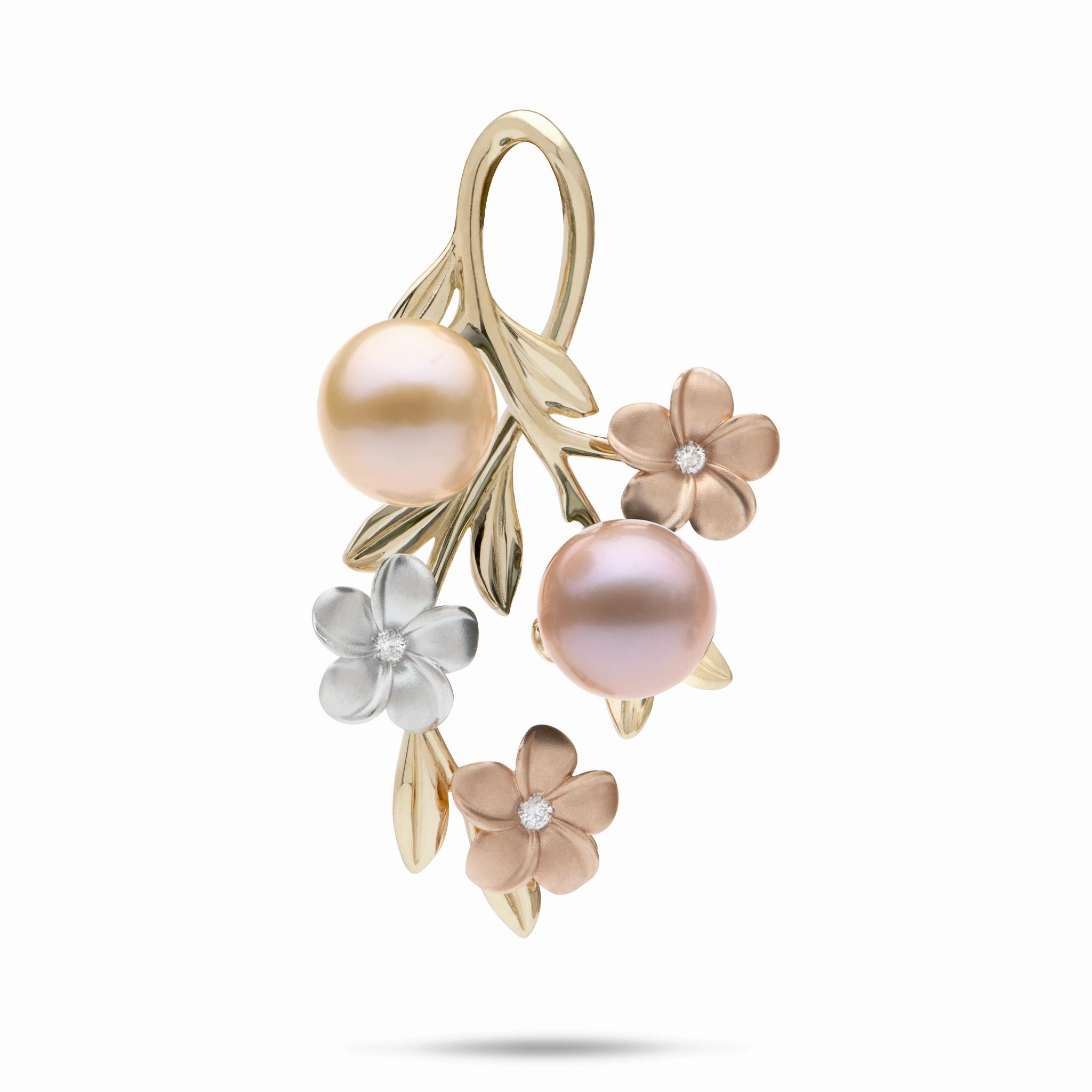 Luxury Feel Distinct Detail Pearls in Bloom Plumeria Freshwater Pearl Pendant in Tri Color Gold with Diamonds - 40mm