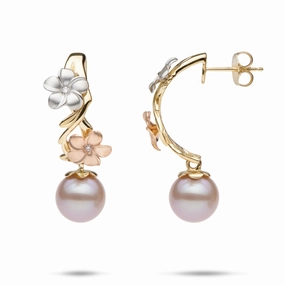 Casual Classic Allure Edge Pearls in Bloom Plumeria Lavender Freshwater Pearl Earrings in Tri Color Gold with Diamonds -23mm