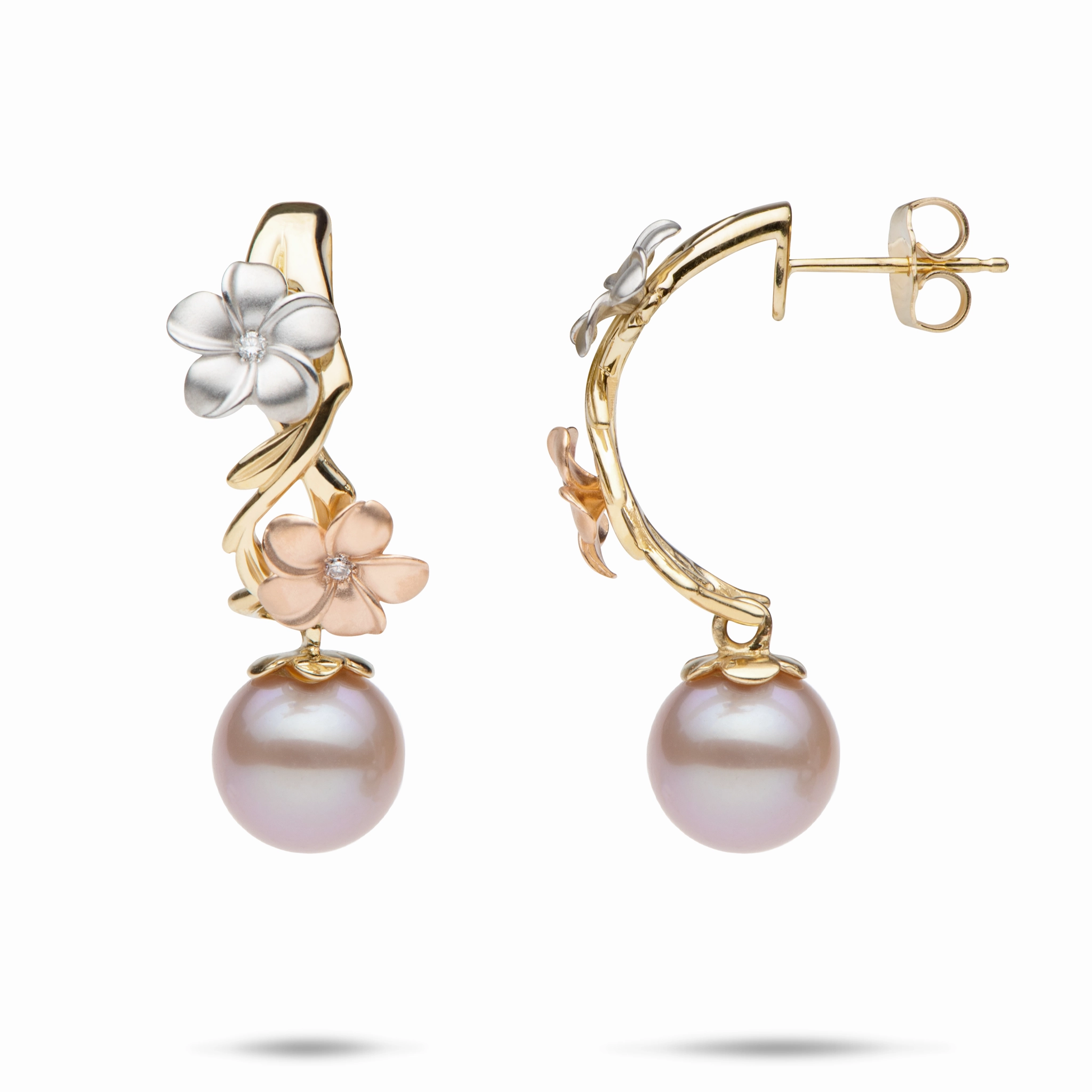 Pearls in Bloom Plumeria Lavender Freshwater Pearl Earrings in Tri Color Gold with Diamonds -23mm High impact
