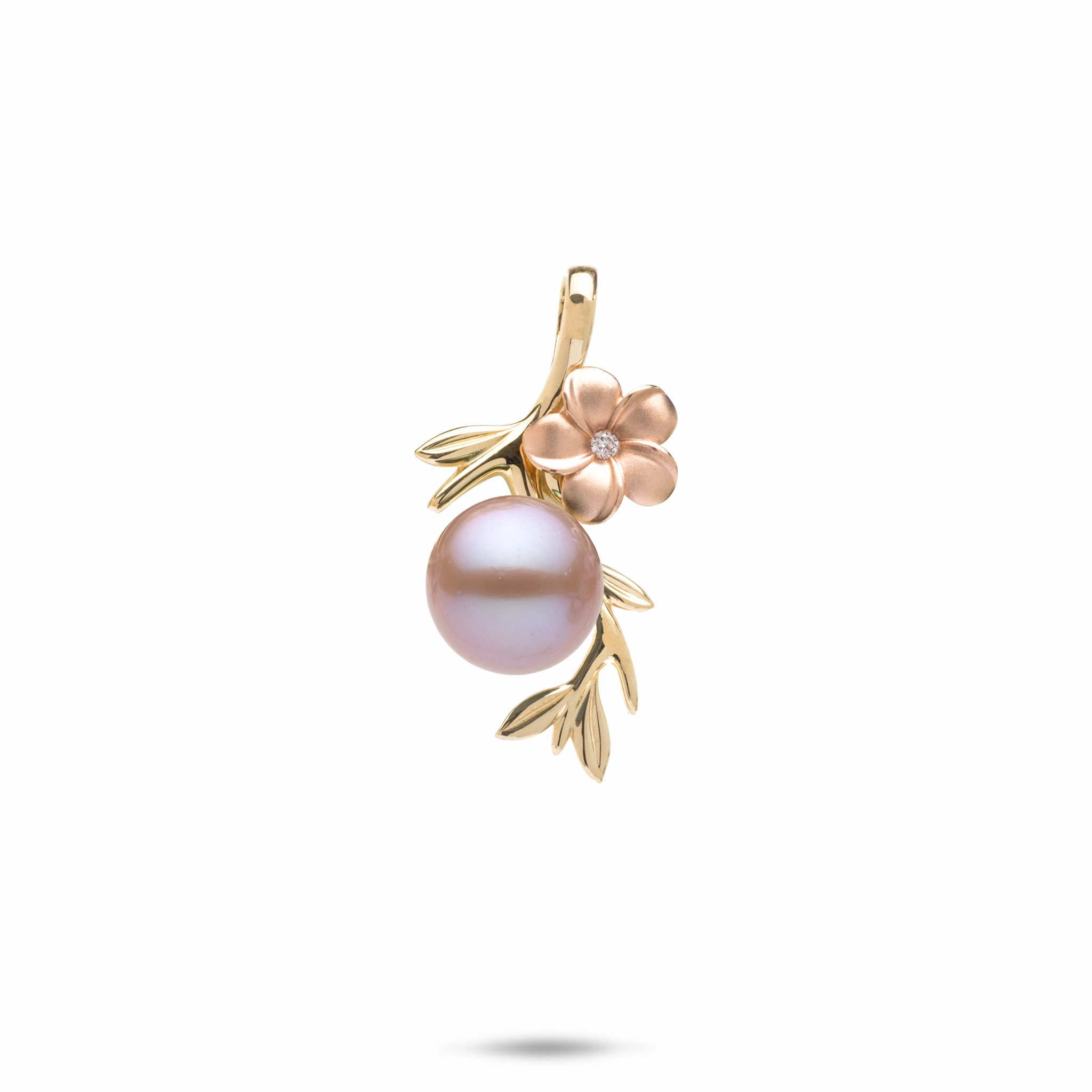 Modern Detailing Pearls in Bloom Plumeria Lavender Freshwater Pearl Pendant in Two Tone Gold with Diamonds - 25mm