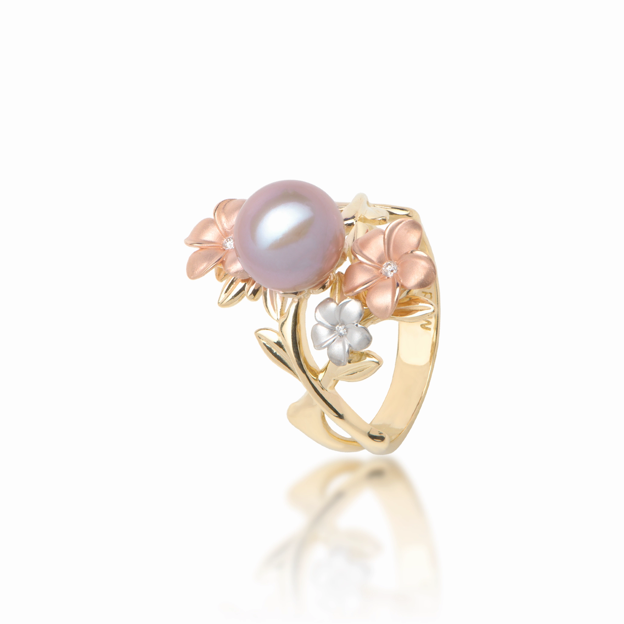 Elegant Look Minimal Appeal Pearls in Bloom Plumeria Lavender Freshwater Pearl Ring in Tri Color Gold with Diamonds - 22mm