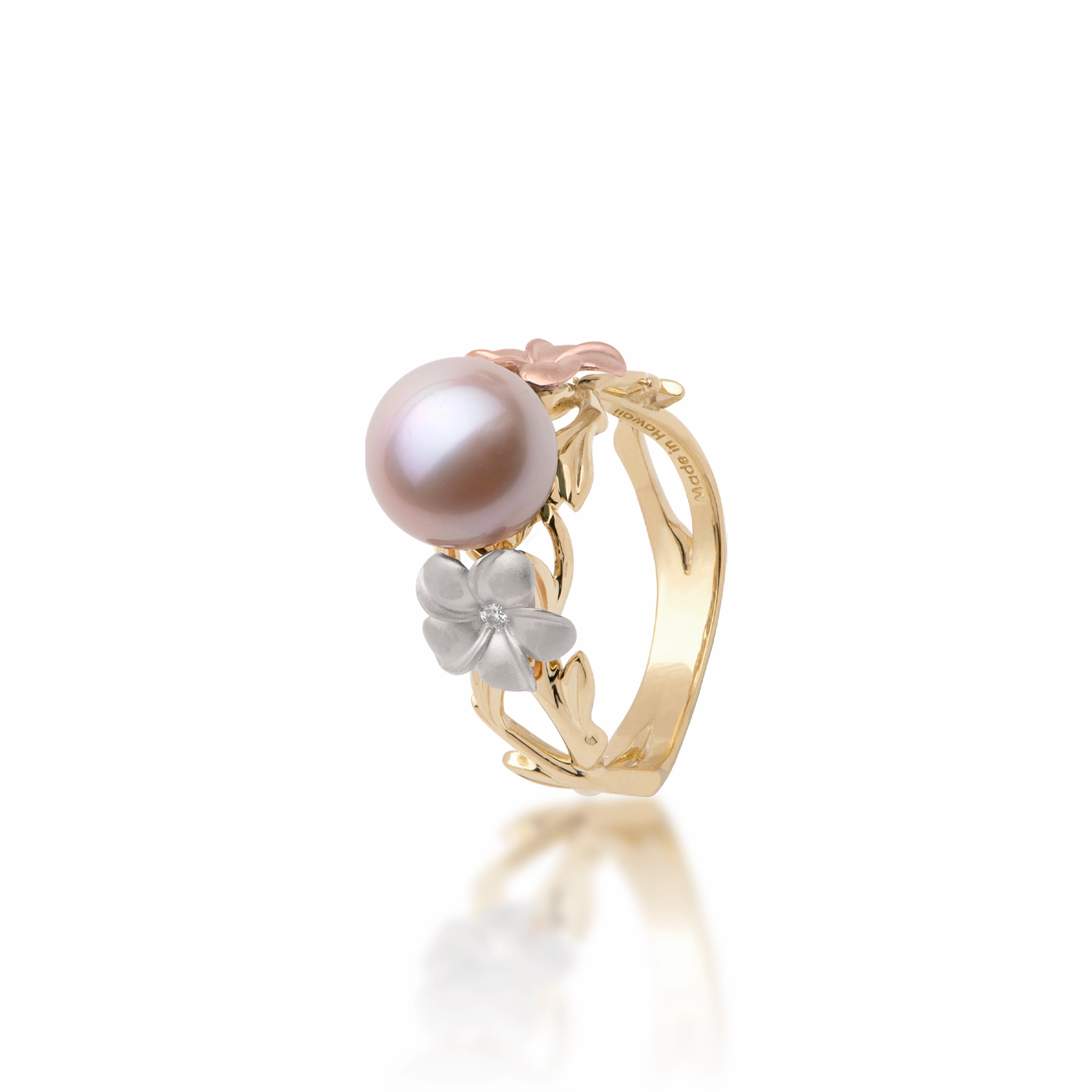 Pearls in Bloom Plumeria Lavender Freshwater Pearl Ring in Tri Color Gold with Diamonds - 8mm Evening Wear Muted Elegance