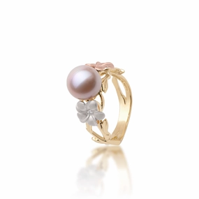 Pearls in Bloom Plumeria Lavender Freshwater Pearl Ring in Tri Color Gold with Diamonds - 8mm Evening Wear Muted Elegance