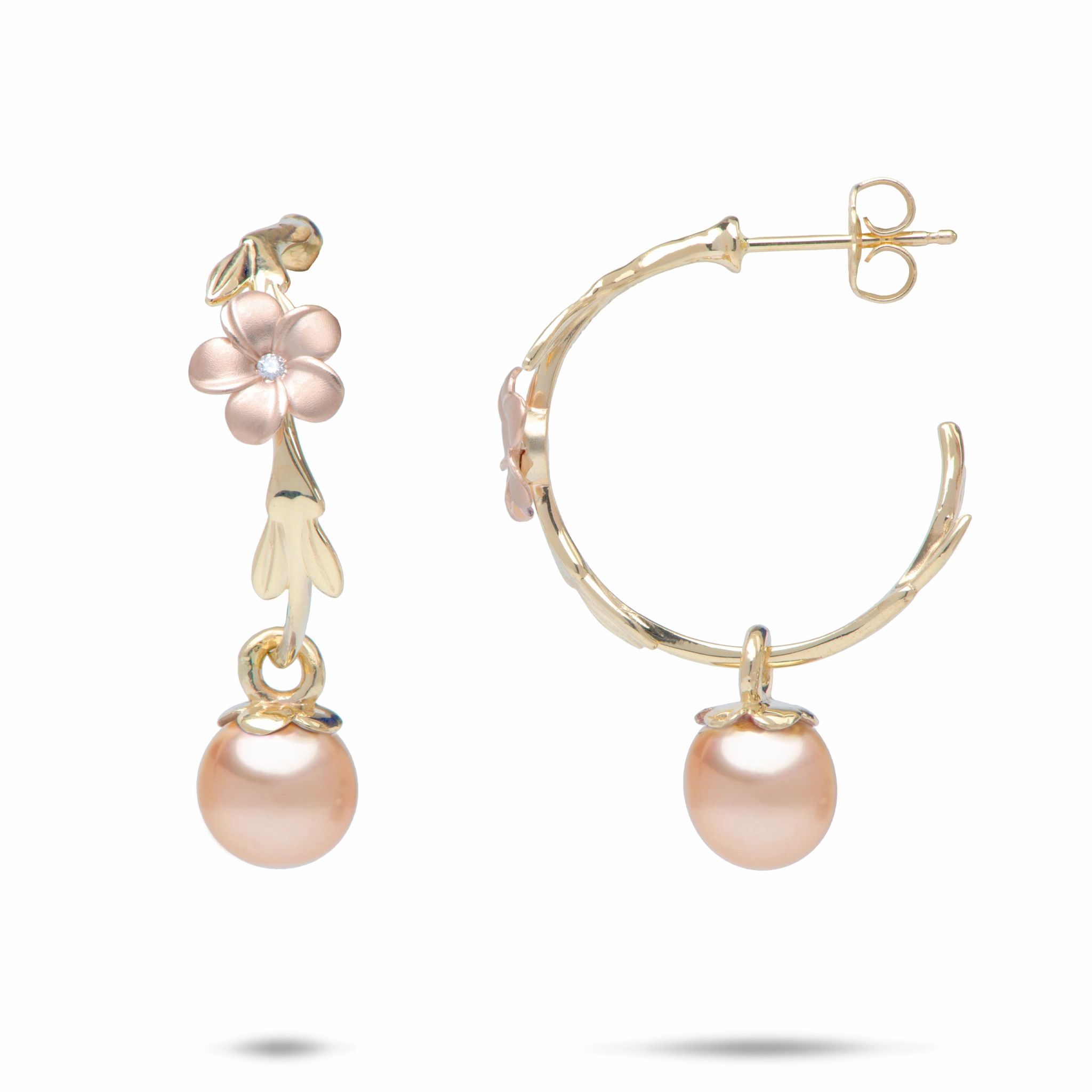Pearls in Bloom Plumeria Peach Freshwater Pearl Earrings in Two Tone Gold with Diamonds - 22mm Fashionable Edge Stylish Contour