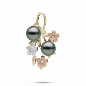 Pearls in Bloom Plumeria Tahitian Black Pearl Pendant in Tri Color Gold with Diamonds - 36mm Soft Detail Bold Spark