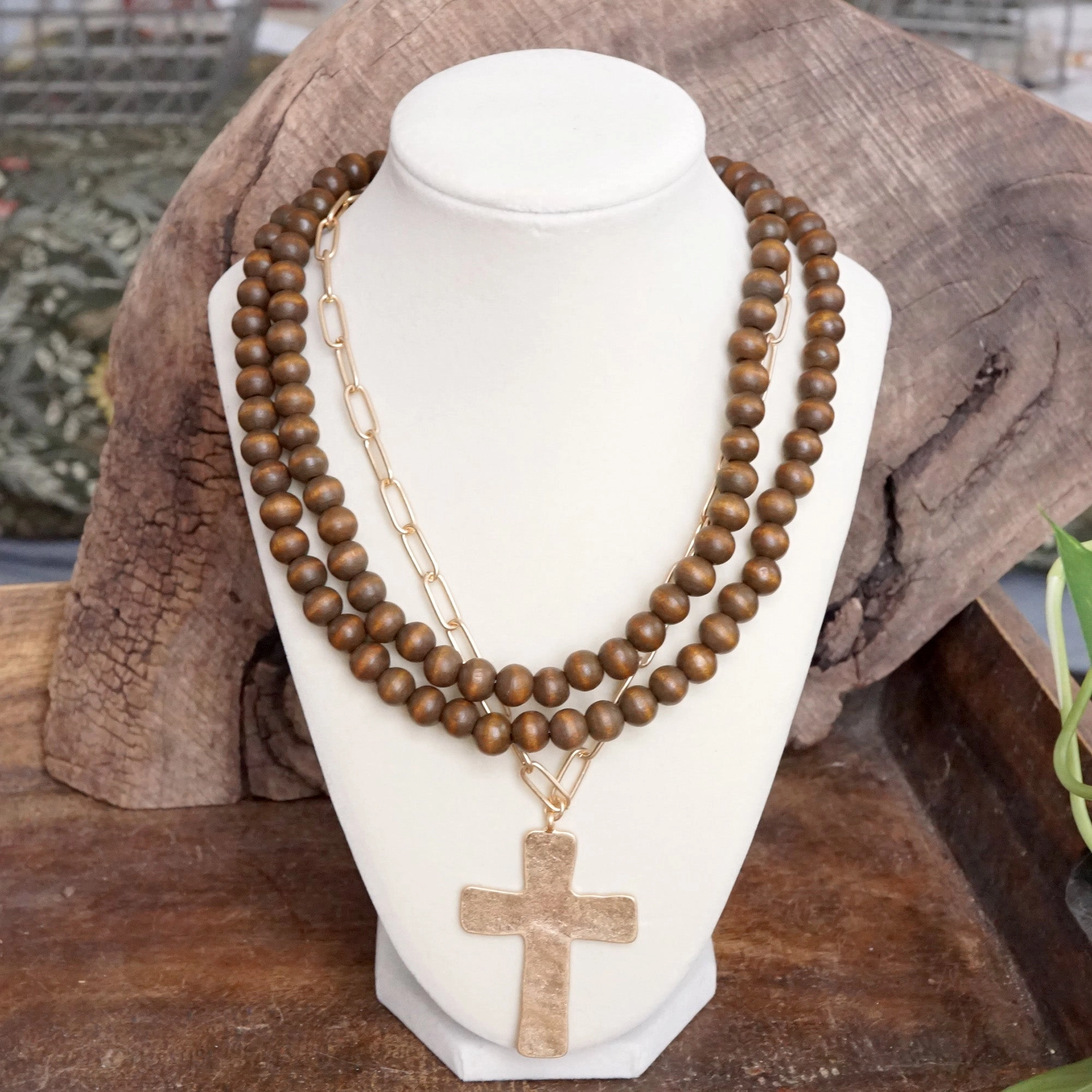 Equipping Adornment Multi Strand Wood Beads Short Statement Cross Necklace Brown