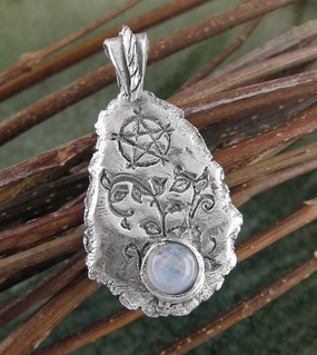 Amazing Style Pentacle & Moonstone Pendant w/ Vines & Raw Edge, Handmade Metal Clay Silver