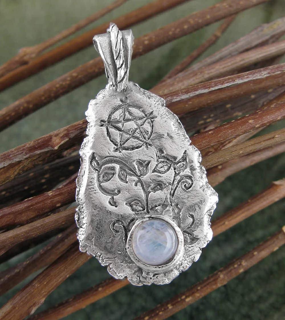 Amazing Style Pentacle & Moonstone Pendant w/ Vines & Raw Edge, Handmade Metal Clay Silver