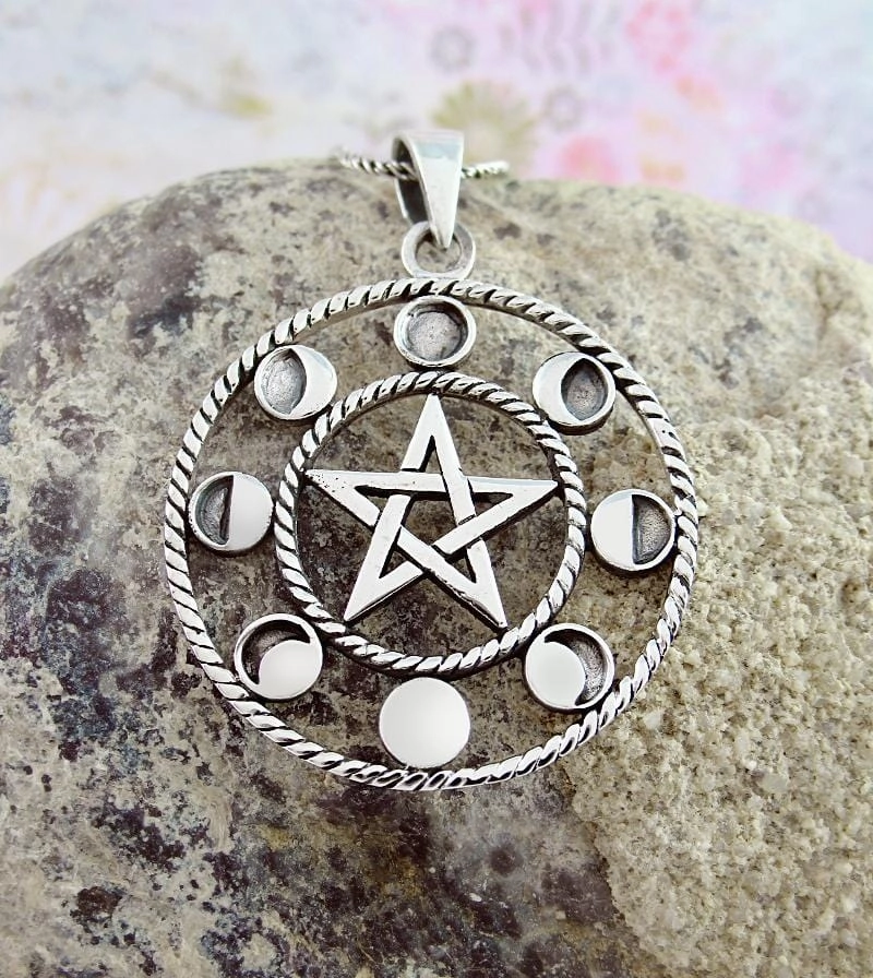Handmade Accessory Contemporary accessory Pentacle With Phases of the Moon Pendant, 1-1/8"