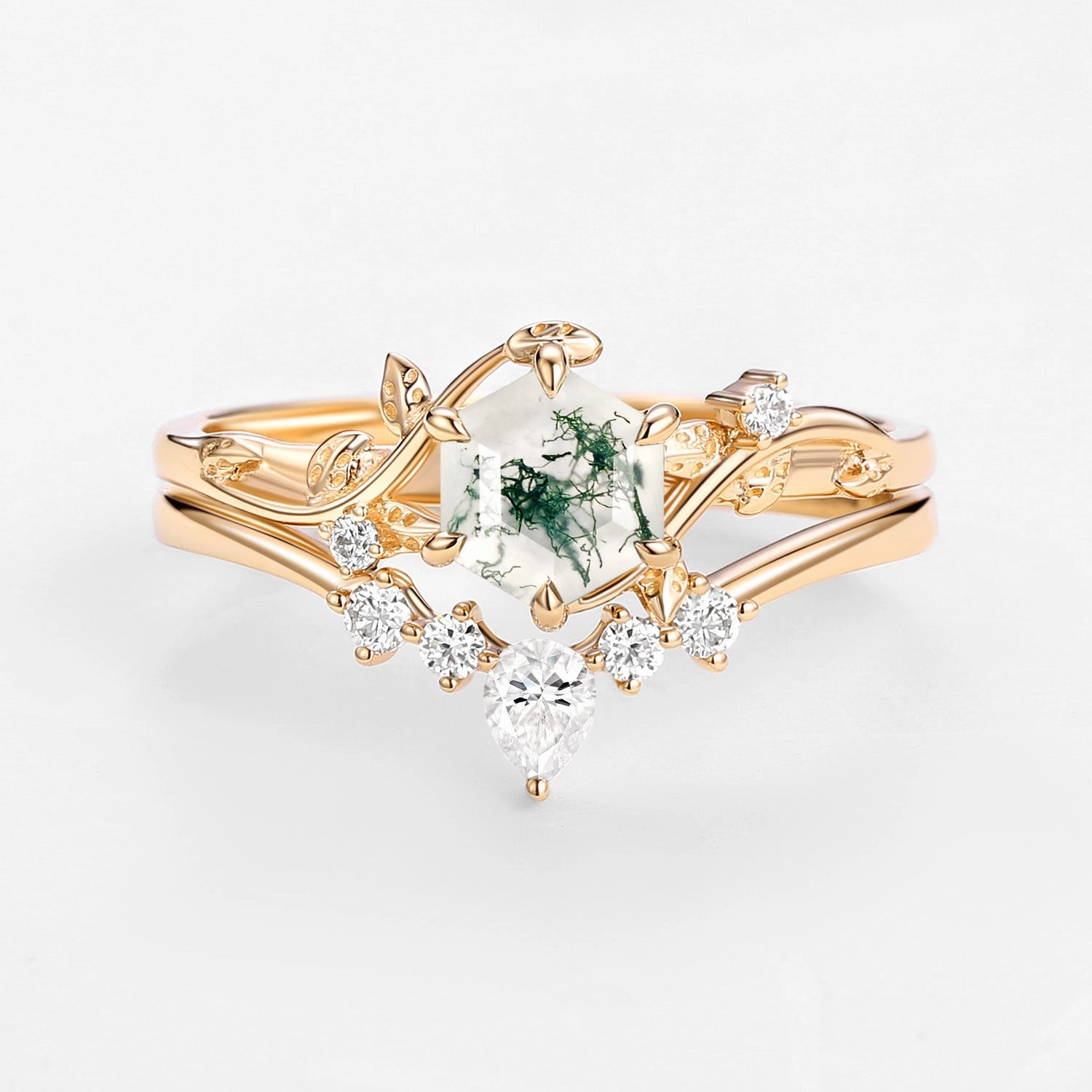 Shine And Style Formal Event Perfect Hexagon Cut Moss Agate Engagement Ring Set 2pcs - Willow