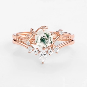Perfect Hexagon Cut Moss Agate Engagement Ring Set 2pcs - Willow Style Match Subtle Finish